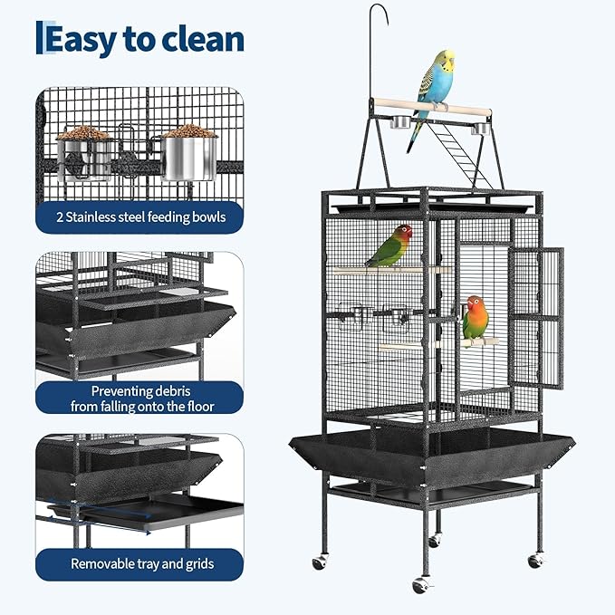 Extra Large 82-Inch Parrot Cage with Play Top – Heavy Duty Wrought Iron Flight Birdcage – Rolling Stand, Spacious Design, Rope Perch, Removable Tray, Powder-Coated Speckled Black