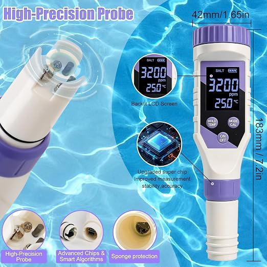 7-in-1 Digital Pool Water Tester – Chlorine, pH,Salt,ORP, EC, TDS&Temp Meter for Saltwater Pools, Hot Tubs, Spas, Complete Digital Pool Chemical Tester for Safe&Healthy Swimming