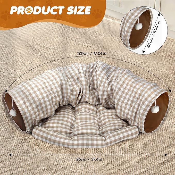 Spardar Bunny Tunnel Bed, 2-in-1 Collapsible Tunnel Tubes Toys, Washable, with Removable Mat Hideout, Interactive Toys for Rabbits Chinchilla Hedgehog Guinea Pigs Kitty, Checkered