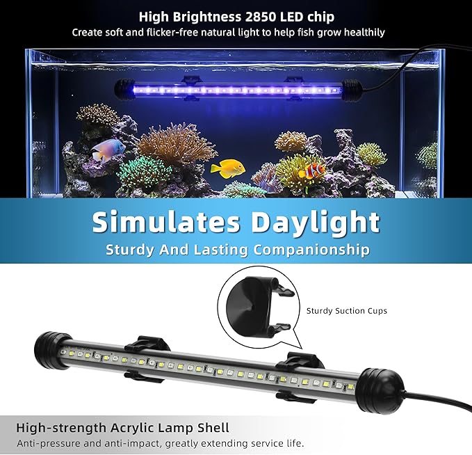LED Submersible Aquarium Light 6W Underwater Fish Tank Light with Blue White&Blue and White Three Light Modes Timer Automatic On/Off and Dimmer Brightness Adjustable (11inch)