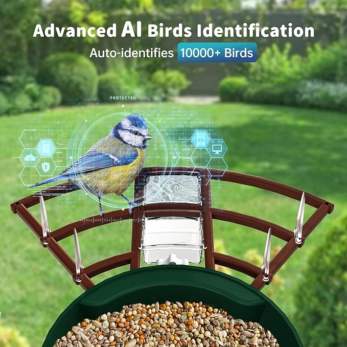 Smart Bird Feeder with Camera Solar Powered & AI Bi rd Identification, 2.4Ghz WiFi Bird feeders for Outdoors, 2K Live Video, Instant Arrival Alerts - Dark red-Green