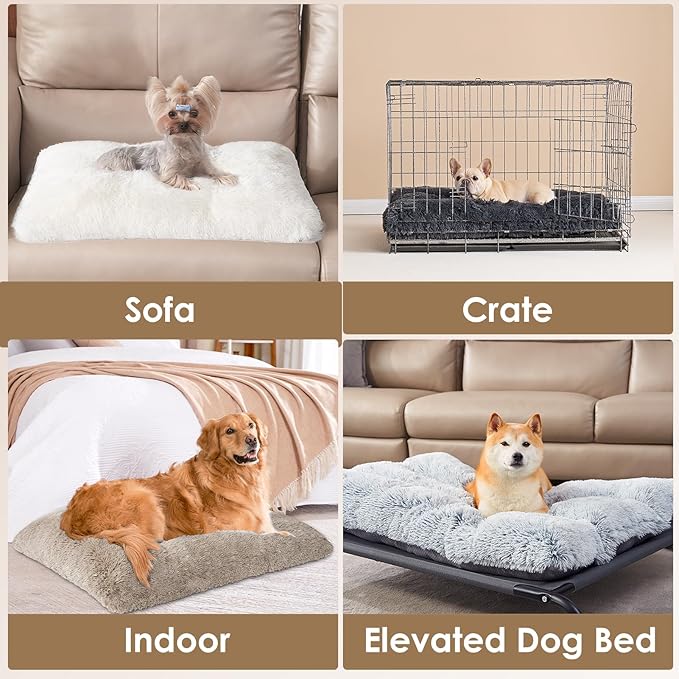 EHEYCIGA Fluffy Dog Crate Bed for Extra Large Dogs, Plush Faux Fur Crate Pad, Calming Anti Anxiety XL Dog Bed, Washable Soft Warm Crate Mat with Non-Slip Bottom, Taupe