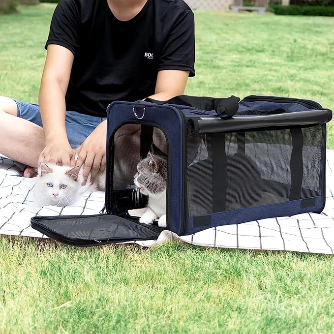 GAPZER Medium Cat Carrier Large Cat 15 lbs+ Soft Pet Carrier Small Puppy/Ventilated 2 Kittens Car Travel Bag Case/Comfy Big Maine Coons 25 Pounds/Soft-Sided Mesh Kitty Products Dark Blue