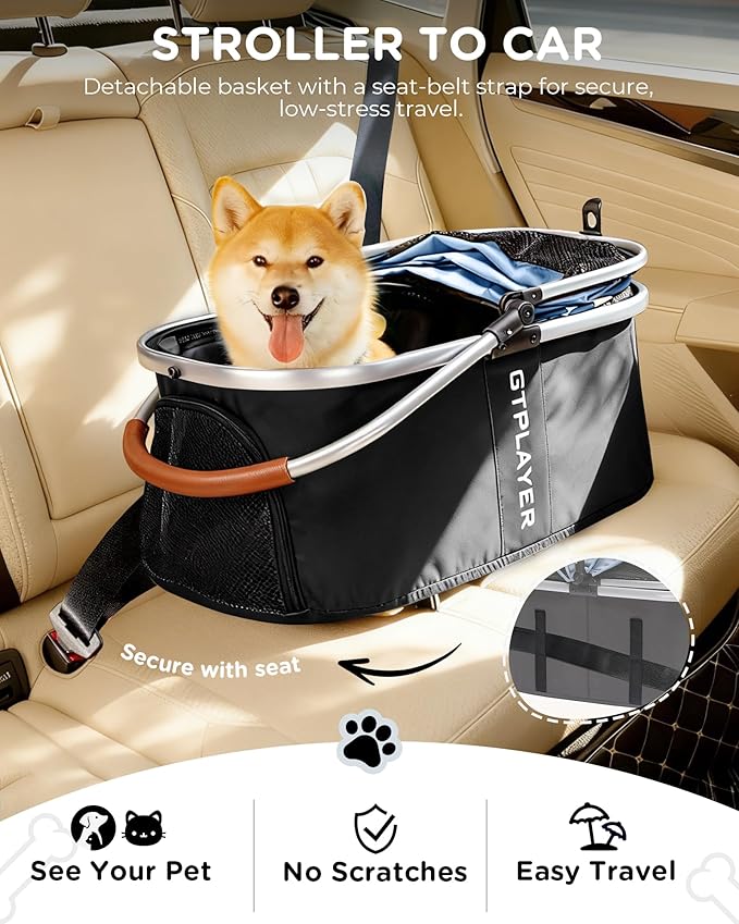 GTPLAYER Pet Stroller for Small Dogs & Cats, 3-in-1 Foldable Pet Stroller with Detachable Carrier, 360° Swivel Front Wheels & Rear Brakes, Up to 45 lbs, Light Blue