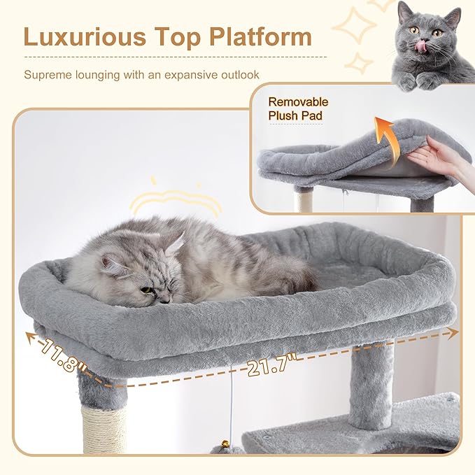 Heybly Cat Tree, 76-Inch Tall Heavy Duty Cat Tower for Big Cats with Extra Wide Baseboard, Multi-Level Large Cat Furniture with 2 Condos & 2 Hammocks, 10 Scratching Posts, Light Gray HCT039W