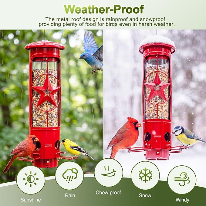 Squirrel Proof Bird Feeders for Outdoors with Weight-Activated, 3LB Large Metal Wild Bird Feeders for Cardinals,Blue Jay,Finch, Weatherproof Durable Tube Hanging Bird Feeder for Backyard,Garden,Patio