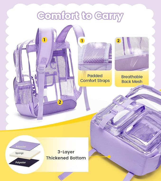 Vorspack Clear Backpack - Heavy Duty Transparent Bookbag for Adults Extra Large See Through backpacks for Work, College, Travel - Purple