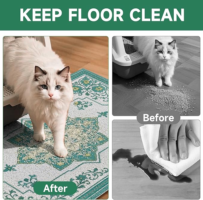 Cat Litter Mat, 24" x 16" Litter Box mat, Traps 100% Litter, Non-Slip Kitty Litter Trapping mats, Small Cute Litter mat, Easy Clean for Scatter Control, Bohe cat Food mat, Urine Waterproof