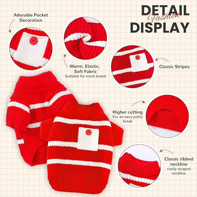 XS Dog Sweater with Cute Pocket, Striped Soft Stretchable Warm Puppy Clothes for Small Dogs Cats, French Bulldog, Chihuahua for Winter(red,X-Small)