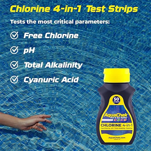 AquaChek Yellow 4-Way Pool and Spa Test Strips - 50 Yellow Test Strips - Swimming Pool Test Strips For pH, Free Chlorine, Total Alkalinity, and Cyanuric Acid - Quick and Accurate Results - Testing Kit