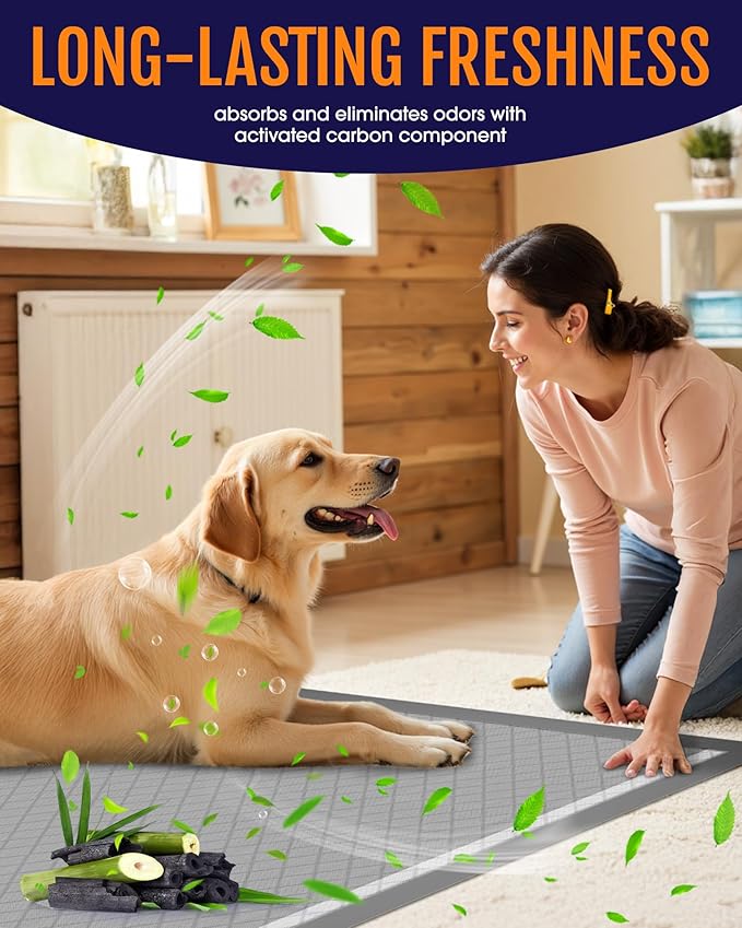 Powools Charcoal Puppy Pads - 50 Packs, 34"×28" Ultra-Large Puppy Pads, Odor-Control Carbon Pee Pads for Dogs, 6-Layer Ultra-Absorbent & Quick-Dry Black Training Pads