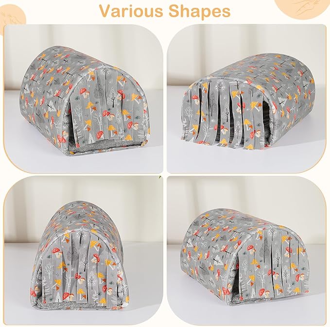Glittme Guinea Pig Hideout with Curtain and Tunnel - Soft Bed with Cushion - Suitable for Guinea Pig, Hamster, Chinchilla, Bunny - Grey Mushrooms