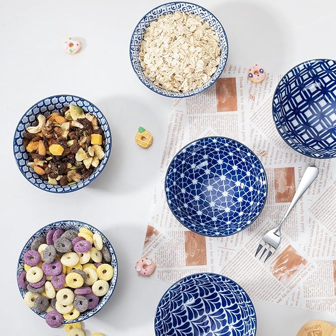 AntoKueh Blue and White Ceramic Bowls Set of 6, 10 oz Small Dessert bowl 4.7in for ice cream, Snack, Porcelain bowl for Dipping, Microwave & oven Safe