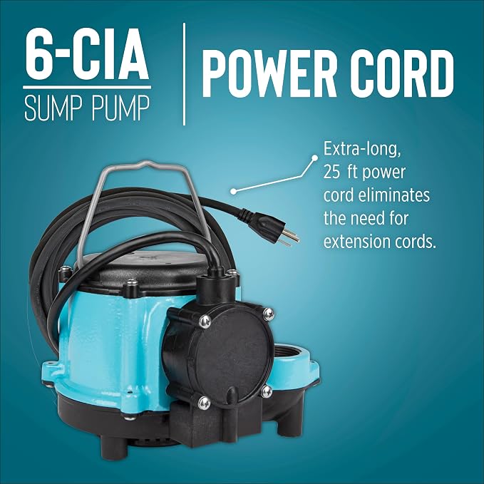 Little Giant 6-CIA 115 Volt, 1/3 HP, 2760 GPH Cast Iron Submersible Sump Pump with Integral Diaphragm Switch, 25-Ft. Cord, Blue, 506125