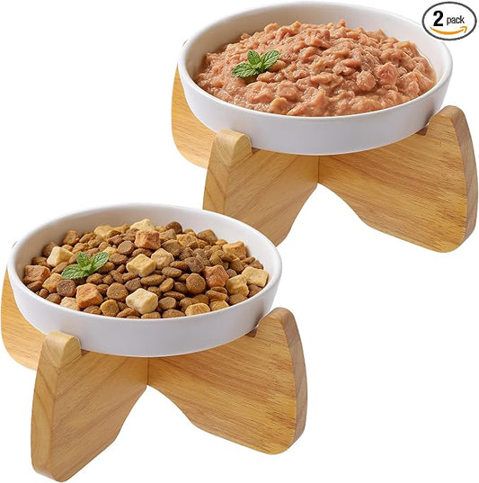 Raised Ceramic Cat Bowl 6.3" Wide Shallow Flat Bottom (2 Pack) | Neck Protective, Anti Whisker Fatigue, Anti Vomit, Dishwasher Safe, For Dry and Wet Food, For Kittens & Seniors