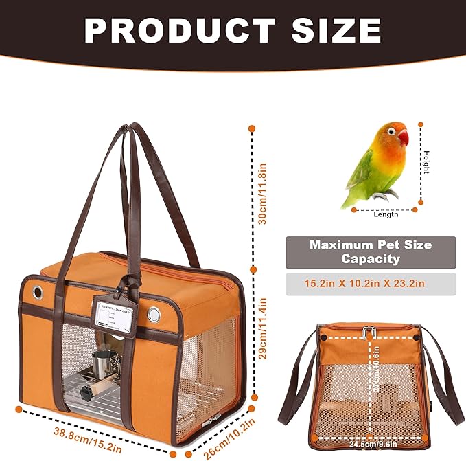 Sanmoncare Stylish Bird Carrier with PU Leather Handle, Portable Travel Cage for Cockatiels & Conures, Lightweight Parrot Bag with Stainless Steel Tray, Vet Visit, Brown