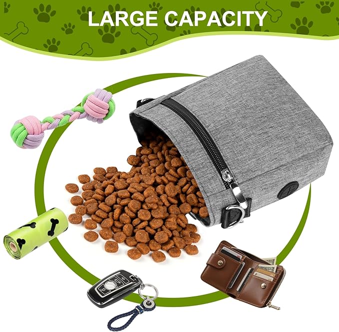 Dog Treat Pouch with Magnetic Closure - 3 Ways to Wear Dog Training Treat Bag with Waist Belt, Shoulder Strap & Metal Clip, Built-in Poop Bag Dispenser, Hands-Free Dog Training Treat Pouch