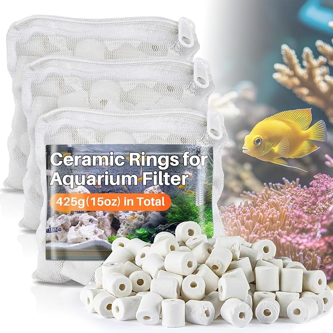 Sukh Ceramic Rings for Aquarium Filter - 15oz Bio Filter Media with 3 Bags | Highly Porous Water Cleaner for Pond & Canister Systems, Water Treatment, Essential Turtle & Fish Tank Accessories
