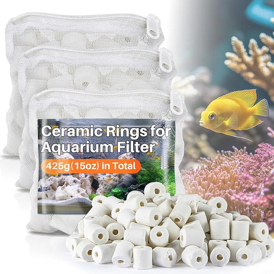 Sukh Ceramic Rings for Aquarium Filter - 15oz Bio Filter Media with 3 Bags | Highly Porous Water Cleaner for Pond & Canister Systems, Water Treatment, Essential Turtle & Fish Tank Accessories