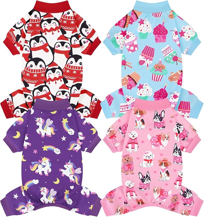 XPUDAC 4 Pack Dog Pajamas Cute Soft Dog Clothes for Small Medium Dogs Boy Girl Stretchy Pjs Jammies Outfit Puppy Onesies, Large
