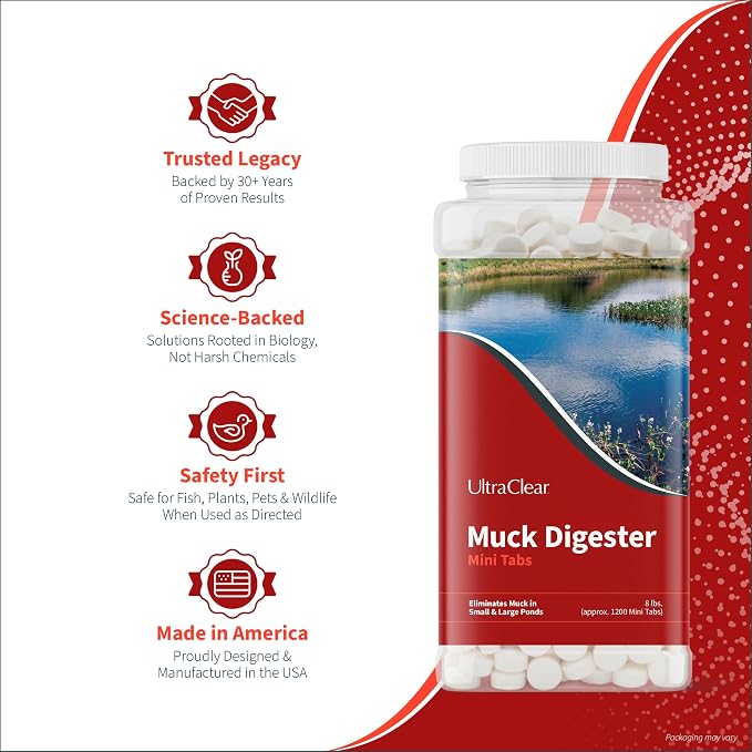 Muck Digester Beneficial Bacteria Enzyme Mini Tablets for Large Pond & Lake Muck, Sludge, Sediment & Odor Removal – Shoreline & Farm Pond Treatment (8lb / 1200 Tabs) - Pet & Wildlife Safe