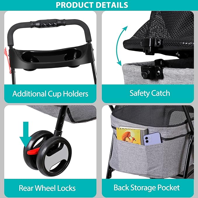 4 Wheels Dog Stroller with Detachable Carrier Folding Pet Strolling Cart for Small Medium Cats Puppies with Storage Basket Cup Holder, Gray