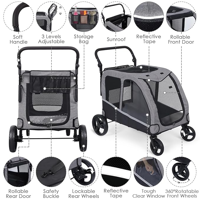 Saudism Dog Stroller for Large & Medium Dogs, Extra Large Pet Stroller, Dog Wagon for 2 Dogs, Foldable Design, Adjustable Handle, with Pocket, Up to 130 lbs