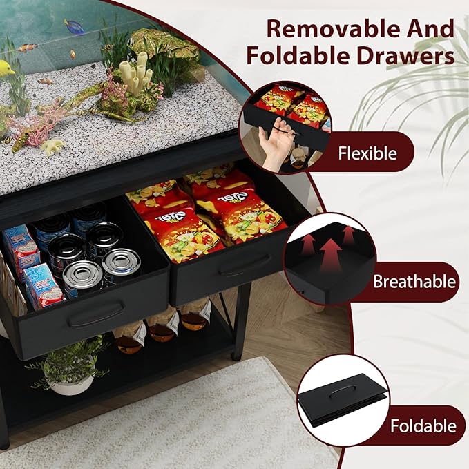 20-29-37 Gallon Fish Tank Stand, Black | Power Outlets, 2 Drawers