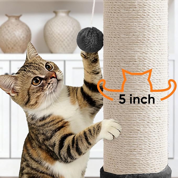 PAWSCRAT Cat Scratching Post 32" Tall, Large Diameter Natural Sisal Cat Scratch Post with Dangling Ball, Scratch-Resistant and Durable Tall Cat Scratcher for Indoor Cats, Protect Your Furniture, Grey