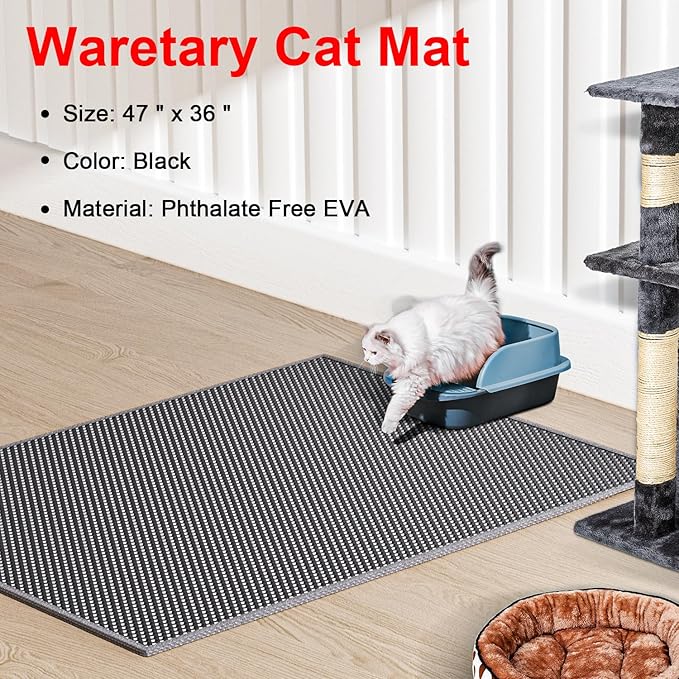 Waretary Cat Litter Box Mat: 47"x 36" Waterproof Kitty Cat Litter Trapping Mat, Easy-clean Double-layer Scatter Control Pad Rug(Grey)