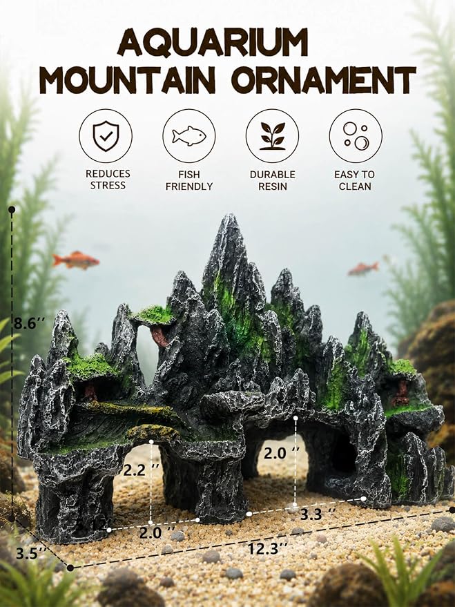 Aquarium Decor - Large Mountain Rock Cave for Fish Tank, Aquarium Hideout Ornament with Rock Texture for Betta, Guppy, Shrimp - Aquatic Hide Decoration, Fish Hiding House（Black）