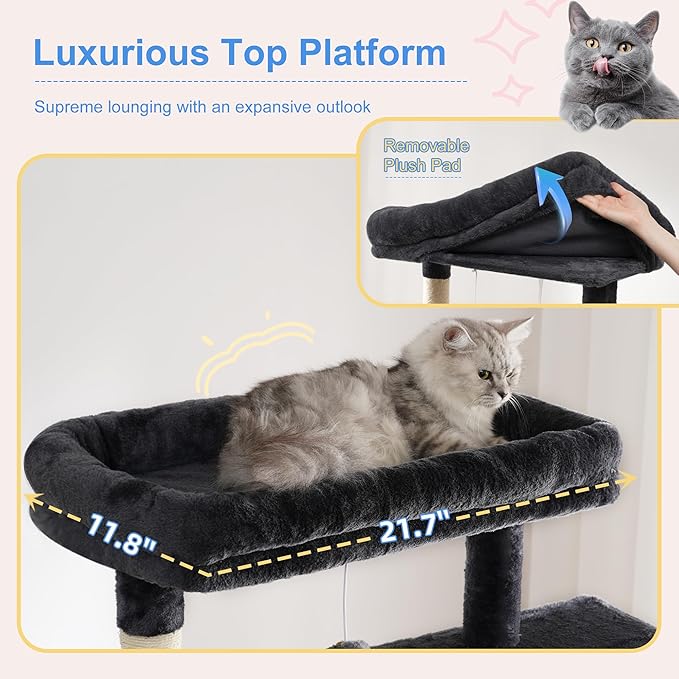 Heybly Cat Tree, 76-Inch Tall Heavy Duty Cat Tower for Big Cats with Extra Wide Baseboard, Multi-Level Large Cat Furniture with 2 Condos & 2 Hammocks, 10 Scratching Posts, Smoky Gray HCT039G