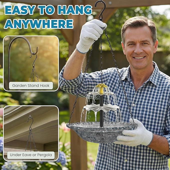 Solar Fountain for Bird Bath, Hanging Cascade Water Feature for Outdoor Garden & Yard Decor, Creates a Relaxing Flow that Attracts Birds (Gray)