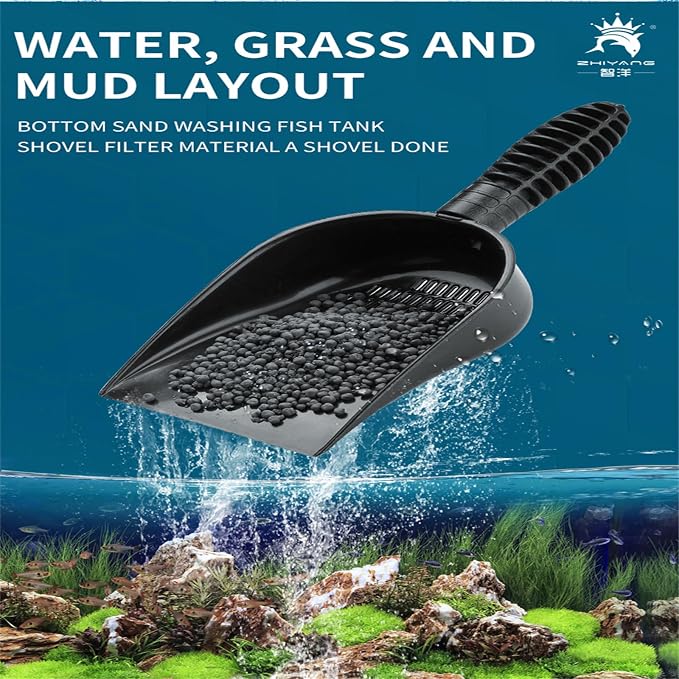 Aquarium Sand Sifter – Sand Shovel with Fine Mesh Grate, Fish Tank Gravel Tool for Waste & Debris, Black