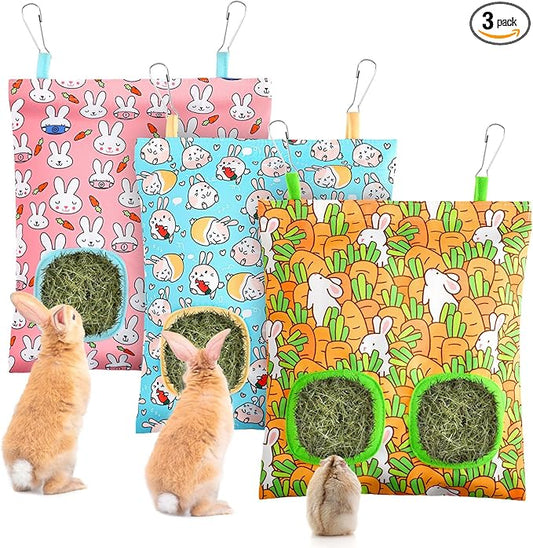 UPINS 3 Hay Bag for Rabbits 2-Hole Hanging Hay Feeder Guinea Pig Hay Bags, Hay Feeder for Rabbits Chinchillas Hamsters Small Pets and Animals(Light Color)