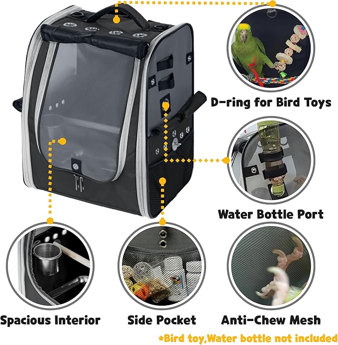 Birds Day Bird Carrier Backpack - Breathable Mesh Portable Parrot Travel Cage with 2PCS Perch, Food Bowl, and Stainless Steel Tray (Charcoal Gray)