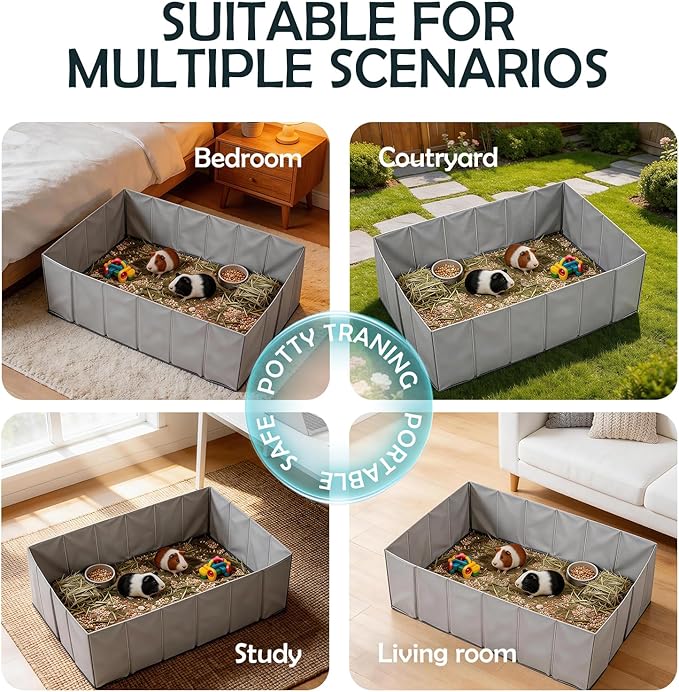 MEEXPAWS Small Animal Playpen, Foldable Guinea Pig Playpen for Indoors or Travel 40" x 28" x 13", Waterproof & No Assembly Portable Guinea Pig Enclosure, Plastic Rat Ferret Play Pen, Grey