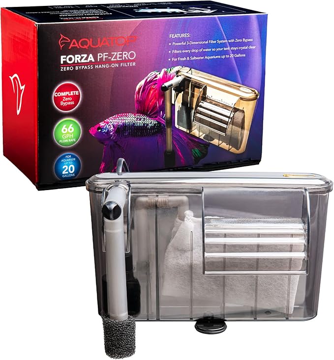 Aquatop Forza 66 GPH Zero Bypass Hang On Filter - for 20 Gallon Tanks, Great for Salt & Freshwater Tanks, Keeps Water Crystal Clear, Prefiltered Water Intake, Aquarium Filter, PF-Zero