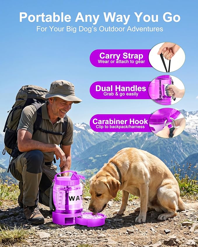 77oz Dog Water Dispenser, 2.2L Large Portable Dog Water Bottle with Pull-Out Drinking Bowl, BPA Free Leak-Proof Pet Travel Water Container for Camping, Hiking, Beach, Car Travel Essentials- Purple