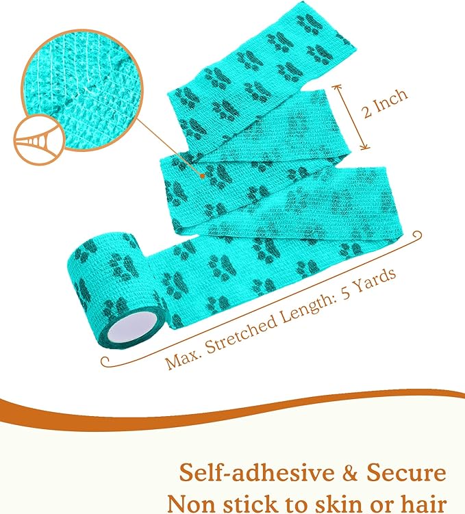 2 Inch Self Adhesive Bandage Vet, First Aid for Dogs Cats Horses, Great for Paws, Legs & Tails, Individually Wrapped, 8 Rolls, Daybreak Paw