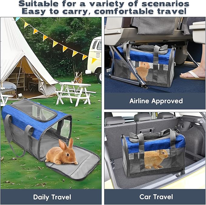 PINVNBY Bunny Carrier for Travel Camping Outdoor, Small Pet Carrier, Guinea Pig Carrier, Breathable Pet Portable Hand Bag for Hamster Rabbit Guinea Pig (Blue & Gray)