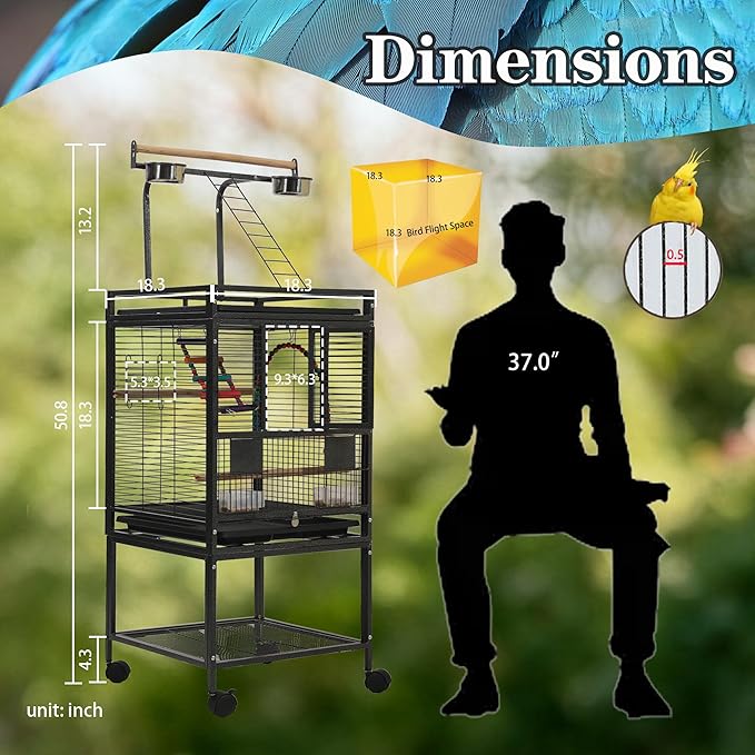 50.8'' Large Parakeet Cage,Small Bird Cage,Cockatiel Cage for Birds,Bird Flight Cages for Parakeets,Bird Travel Cage with Parrot Cage Cover,Toys,PlayTop Detach,Seed Catcher for Canary,Budgie