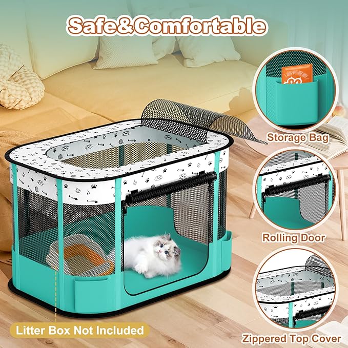 Portable Cat Playpen, 8-Rod Reinforced Kitten Dog Playpens, Foldable Play Pen for Indoor Cats Enclosed Pet Puppy Doggy Outdoor, Collapsible Tent Kennel Cage House(32"x24"x22")