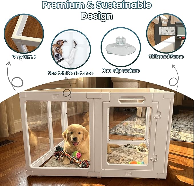 Transparent Indoor Dog Playpen with Safety Lock, Indoor Dog Fence for Small & Medium Pets | Secure, Stylish, Easy Clean Play Pen for Dogs & Pets with Scratch Resistant Panels (White, 16 Panels)
