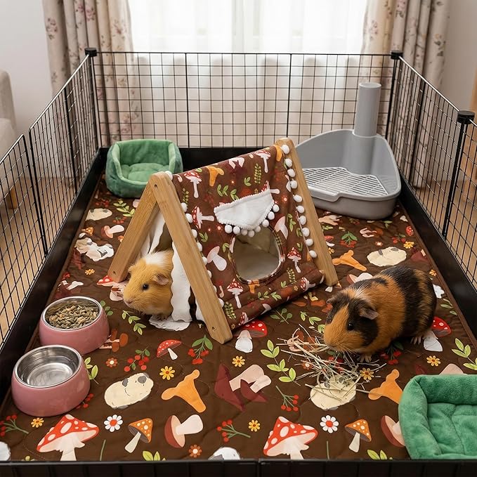 Guinea Pig Hideout, Sturdy Bamboo Small Animal House with Window, Rabbit Bunny Tunnel, Easy to Assemble for Hamsters Bunny Rat Chinchillas Playing Hiding, Guinea Pig Cage Accessories, Mushroom