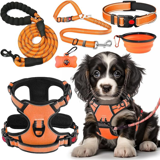 LOBEVE No Pull Dog Harness, Collar & Leash Set | Includes Dog Seat Belt, Collapsible Bowls & Poop Bag Dispenser. Ideal for Training, Walking, Hiking. Fits Small to Large Dogs(Orange-M)