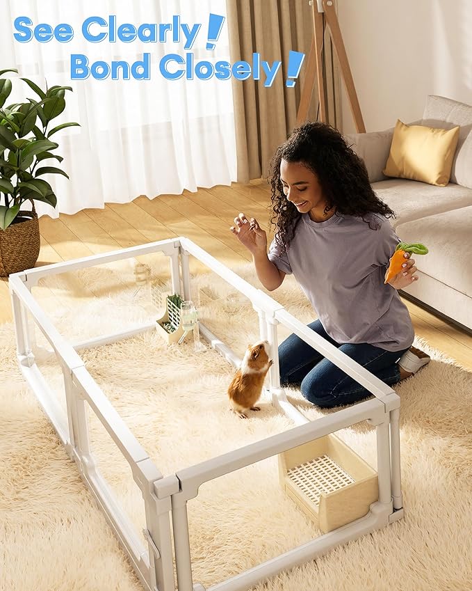 BUCATSTATE Acrylic Guinea Pig Cages for 2, 15.5 sq ft Guinea Pigs Playpen with Door, Clear Rabbit Playpen Indoor for Pigges, Hedgehogs, Quail, Chickens (47" L x 47" W x 16" H, 8 Panels)