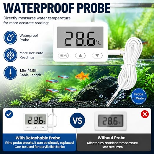 Fish Tank Aquarium Thermometer with Probe, 2.65" Large LCD and Alarm | 4.9 ft Probe, 2-sec Refresh, ±1°F Accuracy, -40℉ to 176℉, High Low Alert, Calibration, °F/°C Switch for Betta Turtle Tank