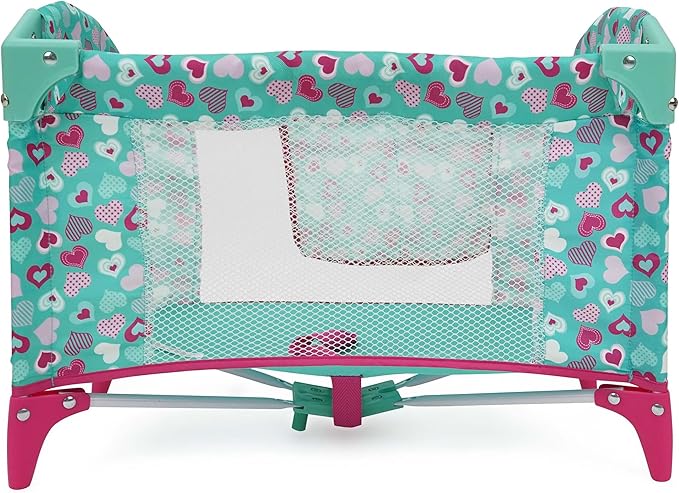 509 Crew: Mint Heart - Dream n' Fun Doll Play Yard - Pink & Green, Portable Sleep Crib, Storage Pockets, Toys-Dolls-Stuffed Animals Accessory, Kids 3+