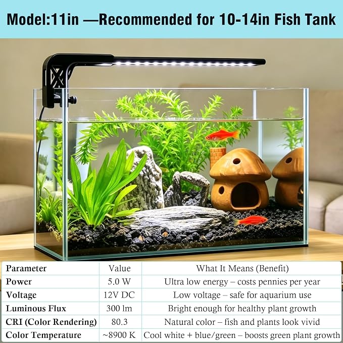 HITOP 11in Slim Aluminum Alloy Aquarium LED Light, Full Spectrum with Day/Night Mode & Timer, 10-Level Brightness, Adjustable Lighting for Planted Tank & Fish Tank Freshwater Fish